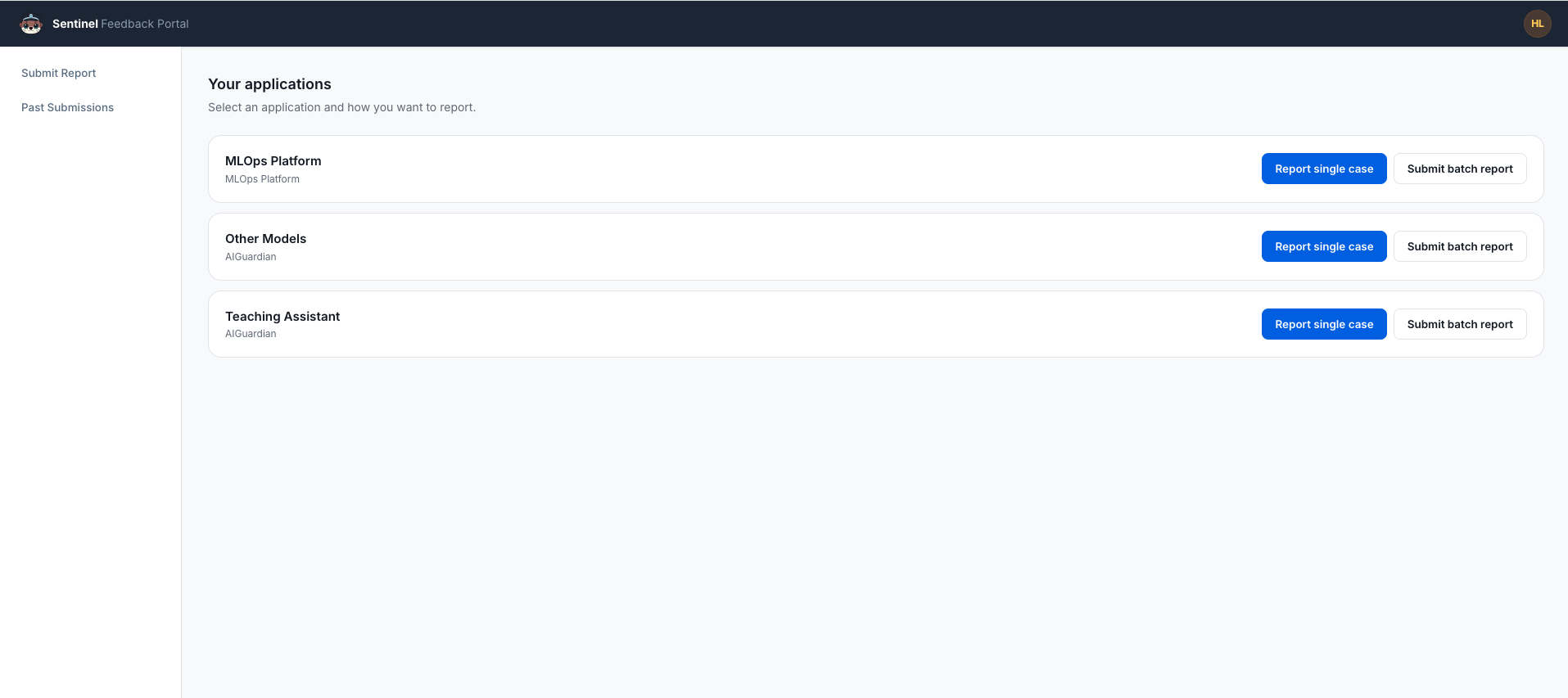 The Your applications page with application cards, each with the Report single case and Submit batch report buttons.