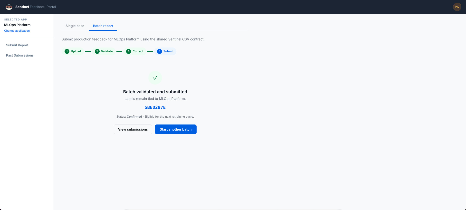 The Batch validated and submitted confirmation with the batch ID, and the View submissions and Start another batch buttons.