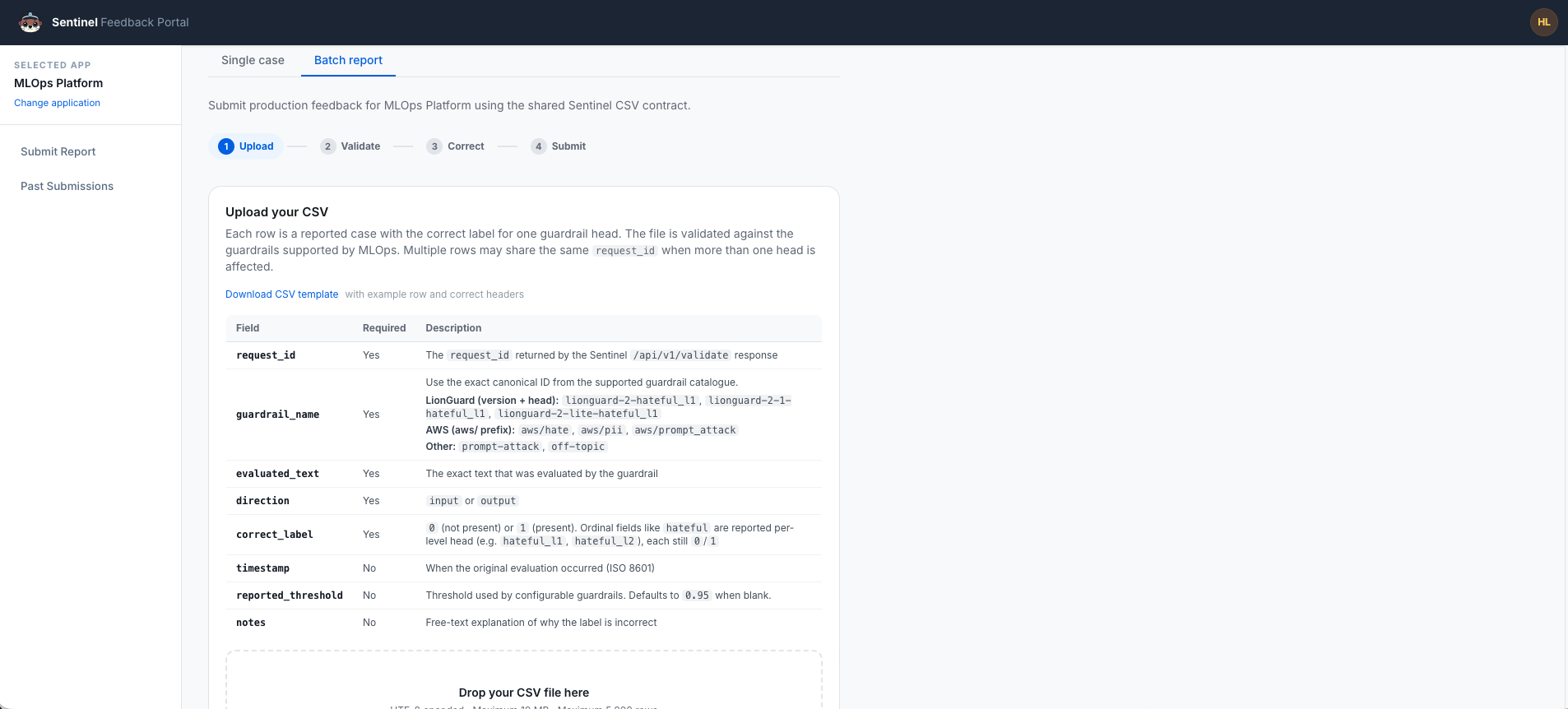 The Batch report tab at the Upload step, with the field table, the Download CSV template link and the upload area.