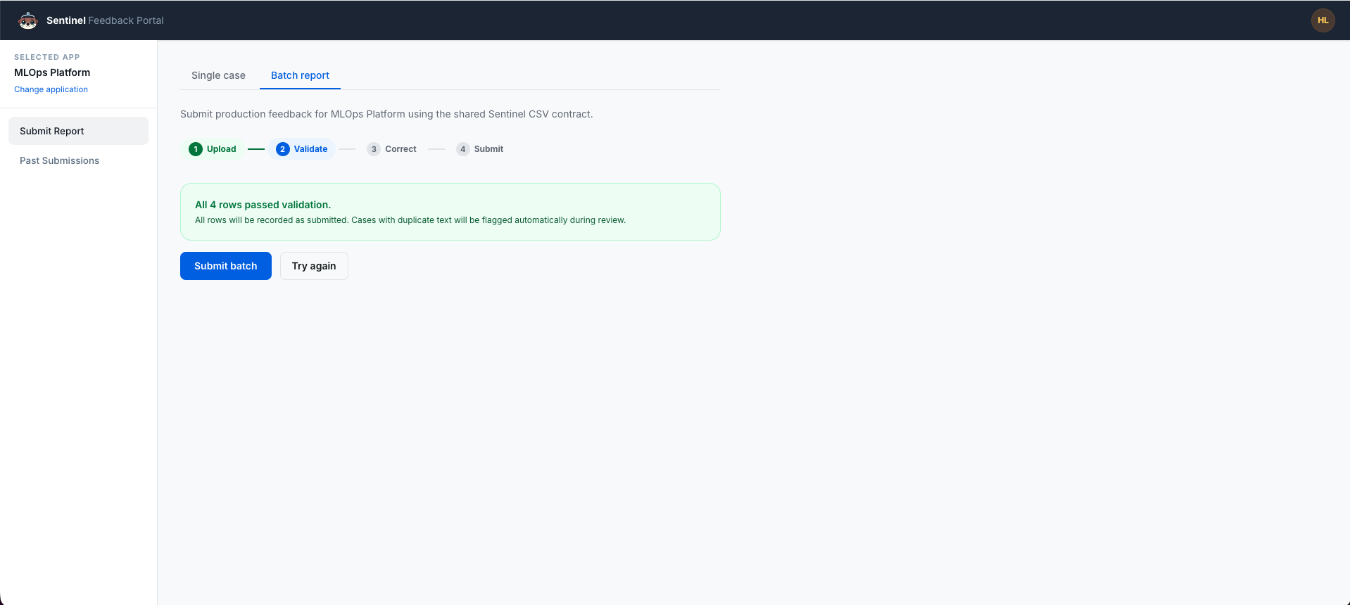 The Validate step with the green All 4 rows passed validation message and the Submit batch and Try again buttons.