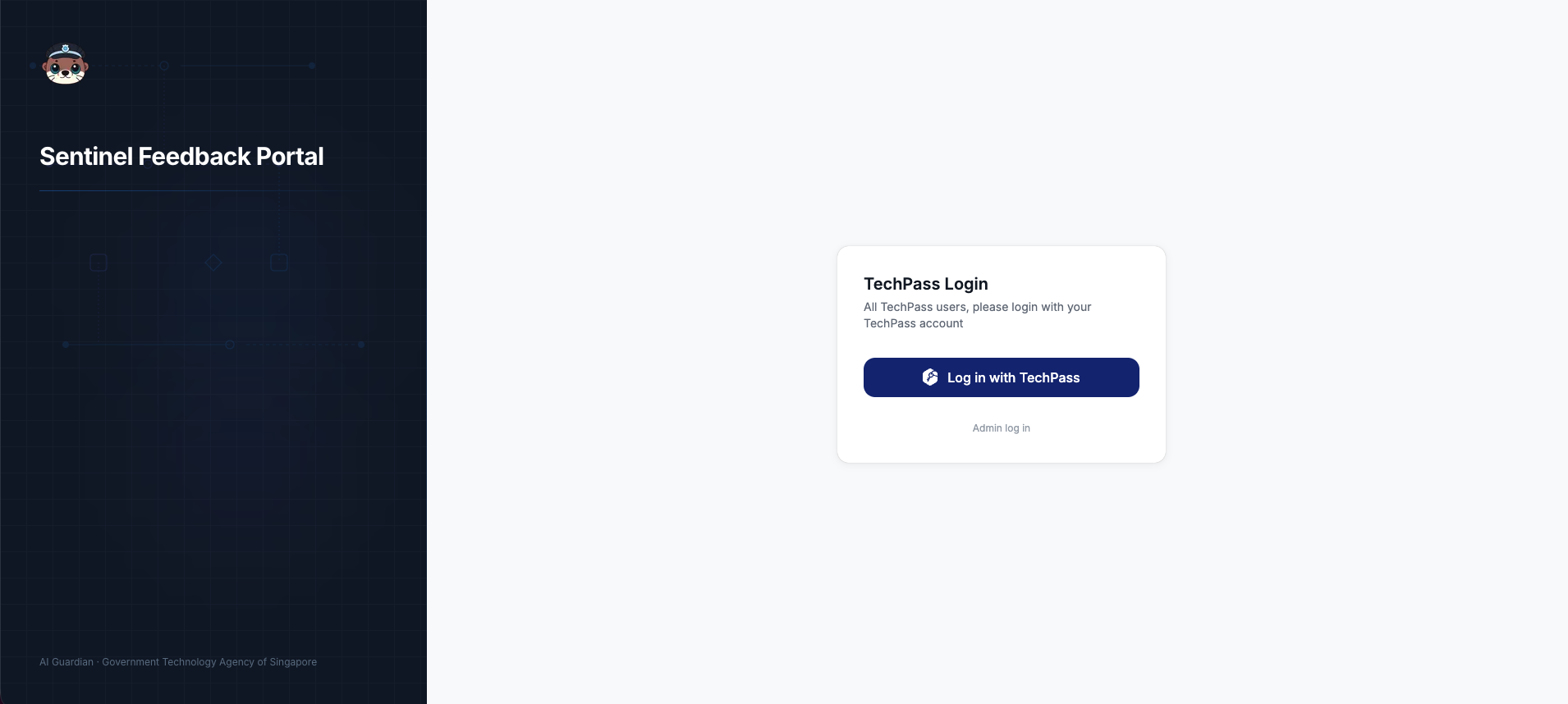 The Sentinel Feedback Portal sign-in page, with the TechPass Login card and the Log in with TechPass button.