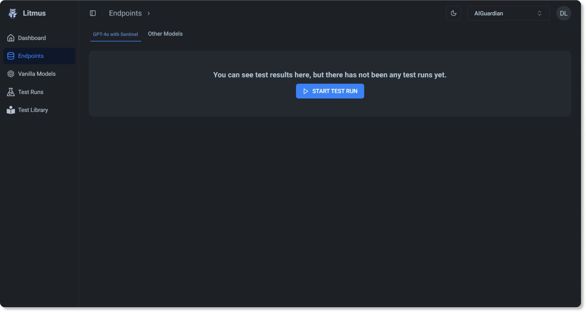 The Litmus classic web app on the Endpoints page, with a Start test run button.